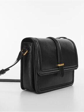 MANGO Rectangle Piece Classic Black Leather Crossbody Bag with Gold Accent NWOT